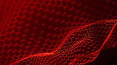 Geleceğin altıgen arka planı. Gelecekçi bal peteği konsepti. Parçacık dalgası. Geometrik arkaplan. Soyut 3d vektör çizimi