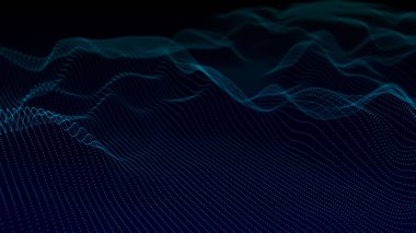 Parçacıkların gelecekteki nokta dalgası. Ses dalgalarının görüntüsü. Karanlık arka plan. Teknoloji ya da bilim afişi. Soyut, renkli dijital üç boyutlu dalga. Vektör illüstrasyonu.