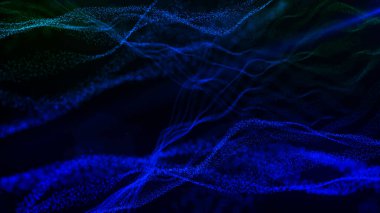 Parçacıkların gelecekteki nokta dalgası. Ses dalgalarının görüntüsü. Karanlık arka plan. Teknoloji ya da bilim afişi. Soyut dijital üç boyutlu dalga. Vektör illüstrasyonu