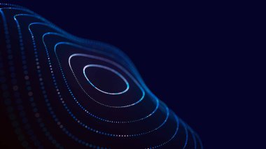 Fütürist noktalı, dairesel parçacık dalgası. Ses dalgalarını gözünde canlandır. Karanlık arka plan. Teknoloji ya da bilim afişi. Soyut renkli dijital üç boyutlu dalga. Vektör illüstrasyonu.