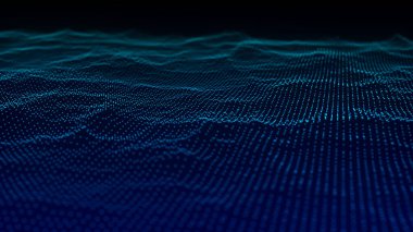 Teknoloji geçmişi. Gelecekçi nokta dalgası. Parçacıkların soyut dijital dalgası. Karanlık arka plan. Bağlantı yapısı. 3d Vektör illüstrasyonu.