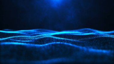 Gelecekçi nokta dalgası. Soyut dijital parçacık dalgası. Teknoloji geçmişi. Renkli müzik dalgası. Yumuşak, dalgalı kıvrımları olan dijital bir arkaplan. 3B görüntüleme.