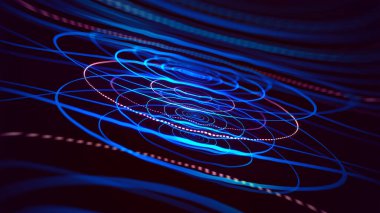 Ses dalgası titreşiminin grafiksel görüntüsü. Çok renkli eşmerkezli daireler ile illüzyon. Karanlık bir arka planda ses dalgaları. Radyal renkli arka plan. Vektör illüstrasyonu