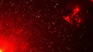 Soyut ateş dokusu hareket arkaplanı. Sarı kırmızı ve turuncu alevler, siyah arka planda izole edilmiş ateşli yanmalarla parlıyor. Vektör illüstrasyonu