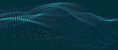 Gelecekçi nokta dalgası. Soyut dijital parçacık dalgası. Teknoloji geçmişi. Renkli müzik dalgası. Hafif arkaplan. Yumuşak, dalgalı kıvrımları olan dijital bir arkaplan. 3B vektör illüstrasyonu