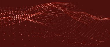 Gelecekçi nokta dalgası. Soyut dijital parçacık dalgası. Teknoloji geçmişi. Renkli müzik dalgası. Karanlık arka plan. Yumuşak, dalgalı kıvrımları olan dijital bir arkaplan. 3B vektör illüstrasyonu