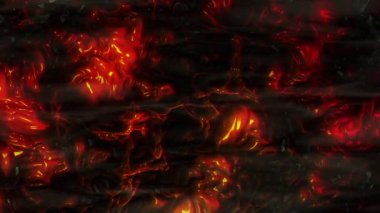 Kaynayan lav ve kalın dumanlı soyut animasyon arka plan. Yanan ve parlayan kömürlerin manzarası. Yanan lav dokusunun kırmızı dinamik arkaplanı. 4K canlandırması.