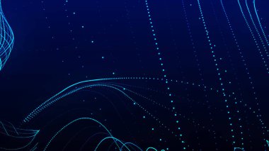 Parlayan parçacıkların dinamik dalgası. Karanlık arka planda soyut noktalı çizgiler. Karmaşık renkli çizgiler. Hareket efekti. Vektör illüstrasyonu