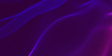 Gelecekçi nokta dalgası. Soyut dijital parçacık dalgası. Teknoloji geçmişi. Renkli müzik dalgası. Karanlık arka plan. Yumuşak, dalgalı kıvrımları olan dijital bir arkaplan. 3B vektör illüstrasyonu