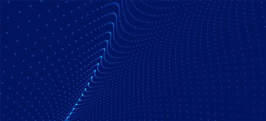 Gelecekçi nokta dalgası. Soyut dijital parçacık dalgası. Teknoloji geçmişi. Renkli müzik dalgası. Karanlık arka plan. Yumuşak, dalgalı kıvrımları olan dijital bir arkaplan. 3B vektör illüstrasyonu