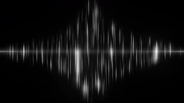 Soyut dijital animasyon siyah beyaz ses dalgası. Dengeleyici, siyah arkaplanda dalga. Dijital ses dalgası, diyagram - 3D görüntüleme. 4K canlandırması