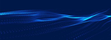 Gelecekçi nokta dalgası. Soyut dijital parçacık dalgası. Teknoloji geçmişi. Renkli müzik dalgası. Karanlık arka plan. Yumuşak, dalgalı kıvrımları olan dijital bir arkaplan. 3B görüntüleme.