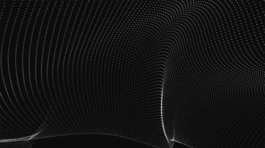 Gelecekçi nokta dalgası. Soyut dijital parçacık dalgası. Siyah beyaz müzik dalgası. Karanlık arka plan. Düz dalgalı kıvrımlı dijital arkaplan. 3B vektör illüstrasyonu