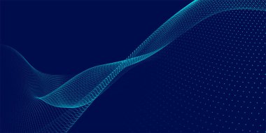 Gelecekçi nokta dalgası. Soyut dijital parçacık dalgası. Teknoloji geçmişi. Renkli müzik dalgası. Karanlık arka plan. Yumuşak, dalgalı kıvrımları olan dijital bir arkaplan. 3B vektör illüstrasyonu