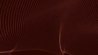 Gelecekçi nokta dalgası. Soyut dijital parçacık dalgası. Teknoloji geçmişi. Renkli müzik dalgası. Karanlık arka plan. Yumuşak, dalgalı kıvrımları olan dijital bir arkaplan. 3B vektör illüstrasyonu