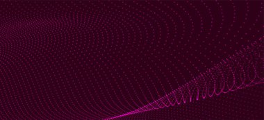 Gelecekçi nokta dalgası. Soyut dijital parçacık dalgası. Teknoloji geçmişi. Renkli müzik dalgası. Karanlık arka plan. Yumuşak, dalgalı kıvrımları olan dijital bir arkaplan. 3B vektör illüstrasyonu