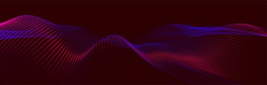 Gelecekçi nokta dalgası. Soyut dijital parçacık dalgası. Teknoloji geçmişi. Renkli müzik dalgası. Karanlık arka plan. Yumuşak, dalgalı kıvrımları olan dijital bir arkaplan. 3B vektör illüstrasyonu