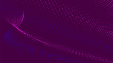 Gelecekçi nokta dalgası. Soyut dijital parçacık dalgası. Teknoloji geçmişi. Renkli müzik dalgası. Karanlık arka plan. Yumuşak, dalgalı kıvrımları olan dijital bir arkaplan. 3B illüstrasyon