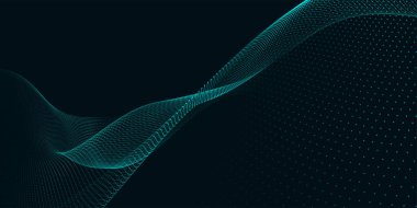Gelecekçi nokta dalgası. Soyut dijital parçacık dalgası. Teknoloji geçmişi. Renkli müzik dalgası. Karanlık arka plan. Yumuşak, dalgalı kıvrımları olan dijital bir arkaplan. 3B görüntüleme.