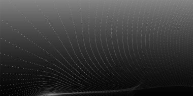 Gelecekçi nokta dalgası. Soyut dijital parçacık dalgası. Siyah beyaz müzik dalgası. Karanlık arka plan. Düz dalgalı kıvrımlı dijital arkaplan. 3B vektör illüstrasyonu