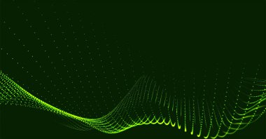 Gelecekçi nokta dalgası. Soyut dijital parçacık dalgası. Teknoloji geçmişi. Renkli müzik dalgası. Karanlık arka plan. Yumuşak, dalgalı kıvrımları olan dijital bir arkaplan. 3B vektör illüstrasyonu