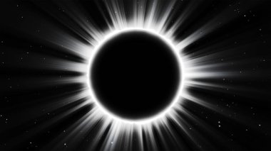 Soyut fantezi geçmişi. İnanılmaz bir bilimsel fenomen. Parlak halka efektli tam güneş tutulması ışınlarla parlıyor. Güneş koronası görünür. Vektör illüstrasyonu.