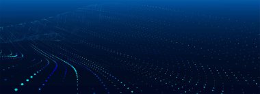 Gelecekçi nokta dalgası. Soyut dijital parçacık dalgası. Teknoloji geçmişi. Renkli müzik dalgası. Karanlık arka plan. Yumuşak, dalgalı kıvrımları olan dijital bir arkaplan. 3B görüntüleme.