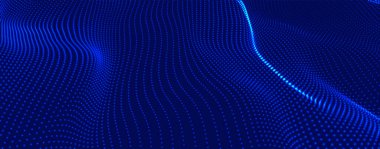 Gelecekçi nokta dalgası. Soyut dijital parçacık dalgası. Teknoloji geçmişi. Renkli müzik dalgası. Karanlık arka plan. Yumuşak, dalgalı kıvrımları olan dijital bir arkaplan. 3B görüntüleme.