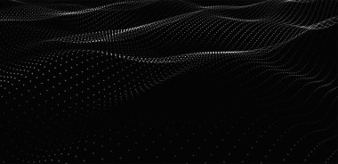 Gelecekçi nokta dalgası. Soyut dijital parçacık dalgası. Siyah beyaz müzik dalgası. Karanlık arka plan. Düz dalgalı kıvrımlı dijital arkaplan. 3B görüntüleme