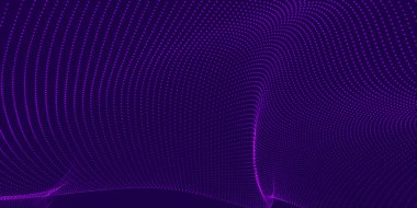 Gelecekçi nokta dalgası. Soyut dijital parçacık dalgası. Teknoloji geçmişi. Renkli müzik dalgası. Karanlık arka plan. Yumuşak, dalgalı kıvrımları olan dijital bir arkaplan. 3B illüstrasyon