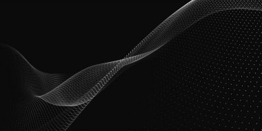 Gelecekçi nokta dalgası. Soyut dijital parçacık dalgası. Siyah beyaz müzik dalgası. Karanlık arka plan. Düz dalgalı kıvrımlı dijital arkaplan. 3B görüntüleme