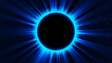 Soyut fantezi geçmişi. İnanılmaz bir bilimsel fenomen. Parlak halka efektli tam güneş tutulması ışınlarla parlıyor. Güneş koronası görünür. Vektör illüstrasyonu.