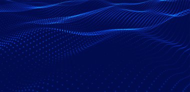 Gelecekçi nokta dalgası. Soyut dijital parçacık dalgası. Teknoloji geçmişi. Renkli müzik dalgası. Karanlık arka plan. Yumuşak, dalgalı kıvrımları olan dijital bir arkaplan. 3B görüntüleme.