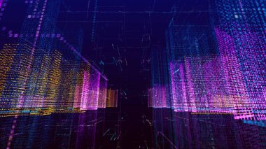 Modern bir şehrin soyut telleri. Gökdelenler şeklinde kesişen çok renkli şebekelerin üç boyutlu bileşimi. Bilgi teknolojisi konsepti. Parçacıklı dijital siber uzay. 3B vektör