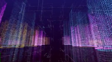 Nefes kesici ve nefes kesici dijital bir manzara. Canlı neon renkler ve gerçeküstü desenlerle dolu. Fütürist dijital şehir arkaplanı. 4K canlandırması