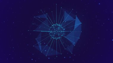Noktalardan ve çizgilerden oluşan animasyon küresi. Dijital küresel akış. Ağ bağlantısı yapısı. Büyük veri görselleştirmesi. 3 boyutlu görüntüleme. 4K canlandırması