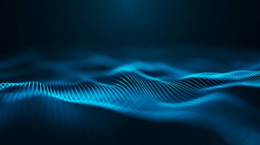 Soyut bir dijital dalga deseni, koyu bir arkaplan karşısında açık mavi noktalar oluşturarak derinlik yaratıyor. Dokuma efekti. 3B soyut vektör çizimi.