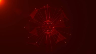 Çizgiler ve noktalardan oluşan yaratıcı küresel nesnelerle çokgen renkli kablo arkaplanı. 3B görüntüleme.