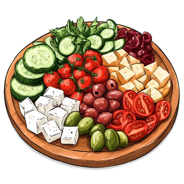 Beyaz arka planda çeşitli malzemelerle lezzetli ve taze Yunan salatası.