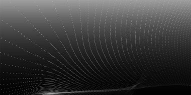 Gelecekçi nokta dalgası. Soyut dijital parçacık dalgası. Siyah beyaz müzik dalgası. Karanlık arka plan. Düz dalgalı kıvrımlı dijital arkaplan. 3B görüntüleme