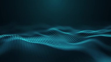 Soyut dijital dalga deseni, koyu arkaplan üzerinde hareket eden mavi noktalar oluşturur ve derinlik yaratır. Birbirine karışan etki. 4K canlandırması.