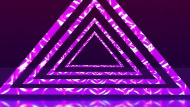 Soyut animasyon, stilize edilmiş koyu arkaplanda parlak renkli üçgen logo şablonu. Soyut uzay, parlak neon üçgenler. 3 boyutlu görüntüleme. 4K canlandırması