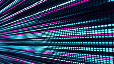 Bir LED veya piksel panelin animasyonu, mavi, mor ve beyaz ışığın parlak çizgileri hareket ve enerjinin etkisini yaratır. Video bir veri akışı, hız ve modern bir görsel dil hissi iletir.