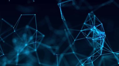 Koyu arkaplanda parlayan mavi çizgiler ve düğümlerden oluşan bir ağın soyut görselleştirilmesi. Geometrik şekiller ve bağlantılar veri transferini, bilgi teknolojisini ve dijitalleşmeyi sembolize eder