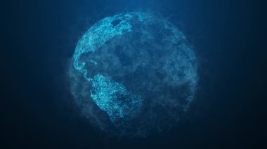 Mavi tonlardaki animasyon dijital küre yoğunluğu, enerjiyi ve küresel bağlantıları sembolize eder. Kıtaları birbirine bağlayan çizgiler ve noktalar dünyanın etkileşim ağını vurgular