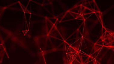 Parlayan kırmızı çizgiler ve koyu arkaplandaki düğümlerden oluşan bir ağın soyut görselleştirilmesi. Geometrik şekiller ve bağlantılar veri transferini, bilgi teknolojisini ve dijitalleşmeyi sembolize eder