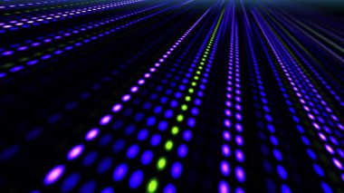 Çok renkli parlak çizgilerin hareketin ve enerjinin etkisini yarattığı canlı bir LED panel. Dijital akış. Işık dinamiği ve piksel enerjisi.