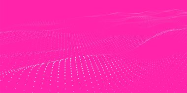 Gelecekçi nokta dalgası. Soyut dijital parçacık dalgası. Teknoloji geçmişi. Renkli müzik dalgası. Hafif arkaplan. Yumuşak, dalgalı kıvrımları olan dijital bir arkaplan. 3B vektör illüstrasyonu