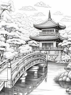 Japon Bahçesinin Sessizliği. Siyah ve beyaz çizimler, yumuşak yaprak bulutlarına batmış bir pagoda 'ya giden eğri ahşap bir köprüyle geleneksel bir Japon manzarasını tasvir eder. Doğu Felsefesi Ruhu