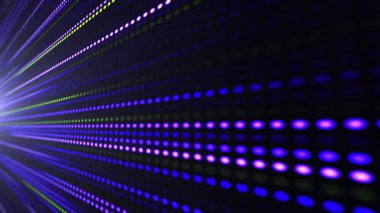 Çok renkli parlak çizgilerin hareketin ve enerjinin etkisini yarattığı canlı bir LED panel. Dijital akış. Işık dinamiği ve piksel enerjisi.